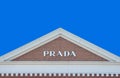 2019 March 26. Tochigi Japan. a modern design of PRADA brand name on gable roof brick wall with blue sky background