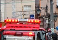 2017 MARCH 19. TOKYO JAPAN. Red siren light part of firetruck with parking and stand by for help at accident place