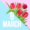 8 March typographic poster with red tulips bouquet