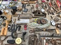 March 27, 2021, Ukraine, Kharkov. Swap meet, sale of old things. Antique iron and cast iron machine parts and machine tool parts,