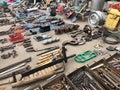 March 27, 2021, Ukraine, Kharkov. Swap meet, sale of old things. Iron parts for tools, drill bits and screws