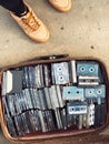 March 27, 2021, Ukraine, Kharkov. Swap meet, sale of old things. open-air flea market. Large collection of audio cassettes in an