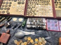 March 27, 2021, Ukraine, Kharkov. Swap meet, sale of old things. open-air flea market. Numismatics, a large collection of coins