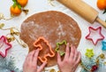 8 march, Valentine`s day, mother`s day baking culinary background, cooking recipe. gingerbread cookies on kitchen table Royalty Free Stock Photo