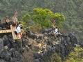 March 16, 2023 - Vang Vieng, Laos: Aerial view of people at the Nam Xay viewpoint in Vang Vieng at sunset, Laos