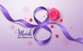 March 8 vector background design. Women`s day greeting text with march 8 in purple ribbon and camellia flower elements Royalty Free Stock Photo