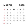 March 2026 vector calendar grid Royalty Free Stock Photo