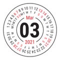 March 2021. Vector English ÃÂalendar. Round calender. Week starts on Sunday. Design template. Circle. Third month