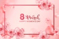 8 march vector illustration with cherry blossom flowers, petals. Pink sakura. Happy women`s day background.