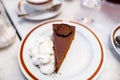 original authentic Viennese Sacher Torte cake served with whipped cream and cup of coffee at