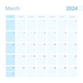 2024 March wall planner in blue color, week starts on Sunday