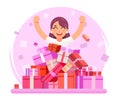 8 march Women holiday happy cute girl shopping pile of goods gifts boxes flat design character vector illustration Royalty Free Stock Photo