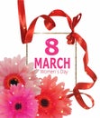 8 march women`s Day banner with curly ribbon and gerberas.