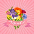 8 March women s day floral card with flowers bouquet of chamomiles, daisies, asters, blossoms, bellflowers cartoon