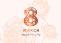 8 March. Women`s Day Greeting card. Paper cut style. Great golden design for newsletter, brochures, postcards, tickets