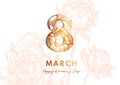 8 March. Women`s Day Greeting card. Paper cut style. Great golden design for newsletter, brochures, postcards, tickets