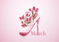 8 March Women`s Day greeting card template concept. tulip flower