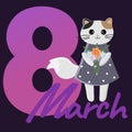 8 March Womens Day greeting card with a cute cartoon cat. Vector background Royalty Free Stock Photo