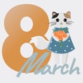 8 March Womens Day greeting card with a cute cartoon cat. Vector background Royalty Free Stock Photo