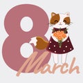 8 March Womens Day greeting card with a cute cartoon cat. Vector background Royalty Free Stock Photo