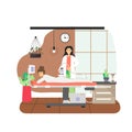 8 March, Womens Day. Happy woman enjoying her day off getting anti cellulite lpg massage, flat vector illustration.