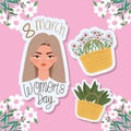 8 march womens day lettering, beautiful woman with light brown hair and baskets with flowers