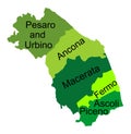 Marche map vector silhouette illustration. Italy province with separated territory illustration.