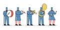 Marching band cartoons. Military orchestra members with music instruments wearing uniform