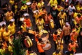 Marching crowd celebrating local soccer team Barcelona anniversary