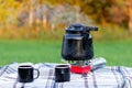 Marching hot iron black smoking teapot on red gas burner and iron mugs are standing on the table on white checkered tablecloth