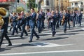 Marching musicians playing in the band Royalty Free Stock Photo