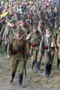 Marching re-enactors, Russian soldiers. Osovets battle reenactment