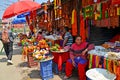 A woman selling bright seed beads jewellery from her stall in Kathmandu, Nepal