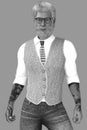 Close-Up black and white portrait of a handsome tattooed silver fox with hipster glasses on an isolated background Royalty Free Stock Photo