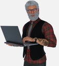Close-up portrait of a handsome tattooed silver fox with hipster glasses on an isolated white background Royalty Free Stock Photo
