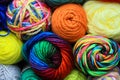 Rolls of Multi colored yarn in rows macro photograph Royalty Free Stock Photo