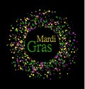 Mardi Gras abstract pattern made of colored dots on black background with colored words in center. Yellow, green and purple confet Royalty Free Stock Photo