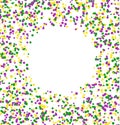 Mardi Gras abstract pattern made of colored dots on white background with blank circle in center. Yellow, green and purple confett Royalty Free Stock Photo