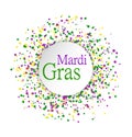 Mardi Gras abstract pattern made of colored dots on white background with colored mask in circle in center.Yellow, green and purpl