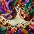 Mardi Gras background with carnival masks, feathers and beads Royalty Free Stock Photo