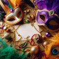 Mardi Gras background with carnival masks, feathers and beads Royalty Free Stock Photo