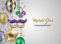 Mardi gras background with colorful balloons, streamers and coriandoli