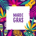 Mardi Gras background with square frame decorated by exotic palm tree leaves, carnival masks, maracas, guitar. Festive