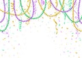 Mardi Gras background template, festive banner, colorful beads and confetti, vector illustration Royalty Free Stock Photo