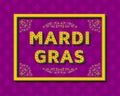 Mardi Gras background template with retro stylized typography. 3d font with colored buttons, ornate swirls frames and