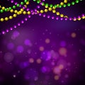 Mardi gras bead garlands and bokeh card vector purple background.