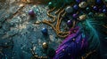 Mardi Gras beads and feather masks scattered on a textured background, embodying the celebration's extravagance
