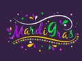 Mardi Gras beads. Word logo. New Orleans Mardigras party. Holiday parade. Confetti and necklace balls. Festival Royalty Free Stock Photo