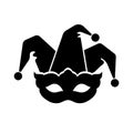 mardi gras black logo, jester hat and carnival mask silhouette vector icon