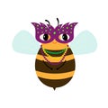 Mardi Gras carnaval funny cartoon character. Carnaval bee with purpure venetian mask and purpure, green and yellow beads, isolated
